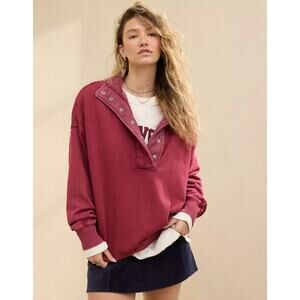 Aerie Getaway Quarter Snap Pullover Sweatshirt Cherry Tart Red Women's Small